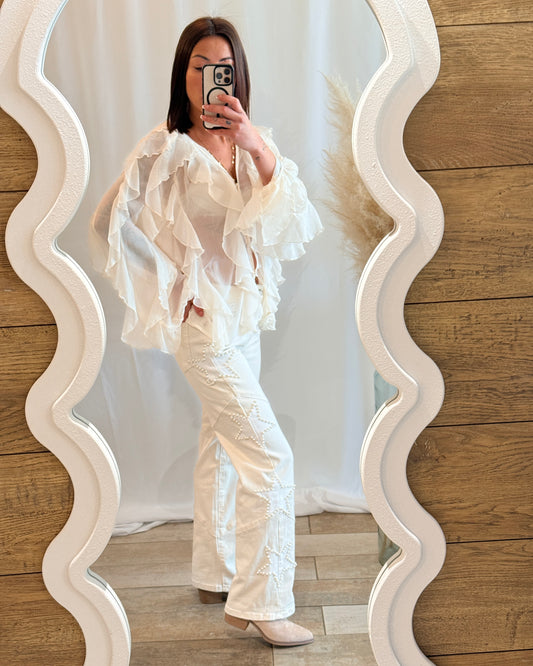 Jean blanc étoiles perles tendance - La Maison de Manon