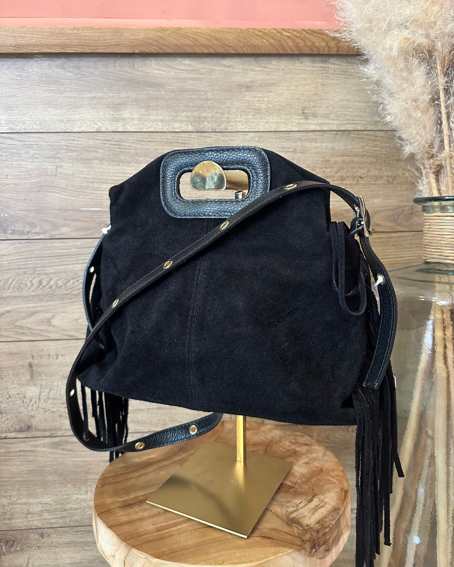 Sac noir à franges 100 % cuir – La Maison de Manon