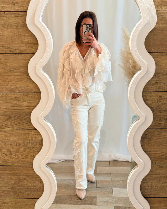 Jean blanc étoiles perles tendance - La Maison de Manon