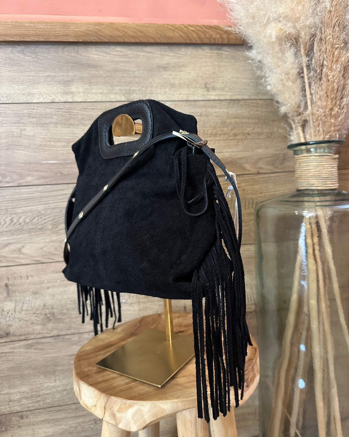 Sac noir à franges 100 % cuir – La Maison de Manon