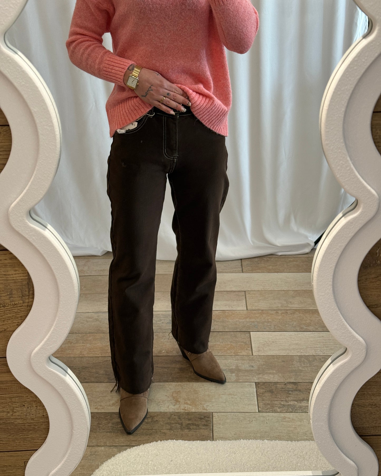 Pantalon Wide Leg Chocolat avec surpiqures beiges - La Maison de Manon