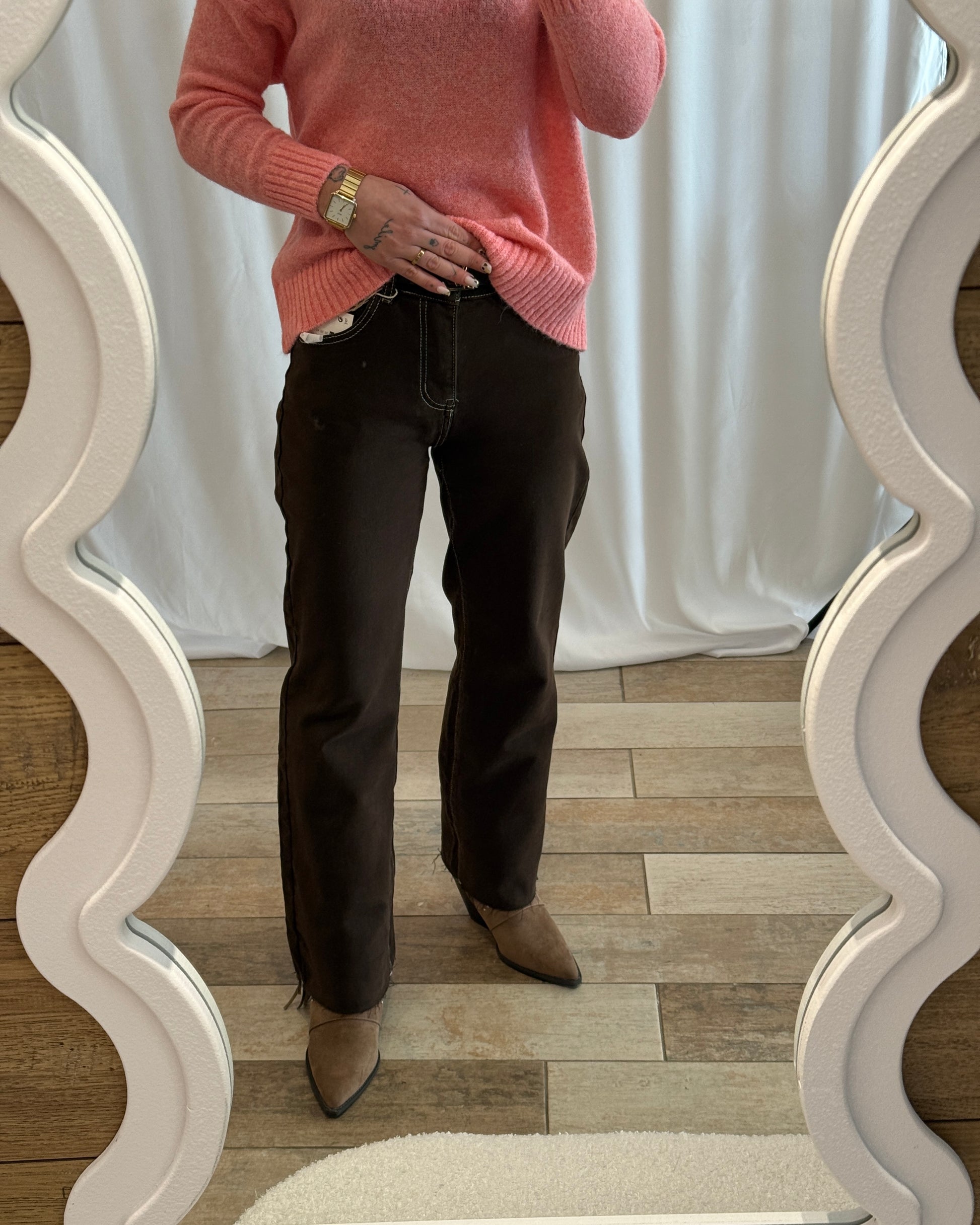 Pantalon Wide Leg Chocolat avec surpiqures beiges - La Maison de Manon