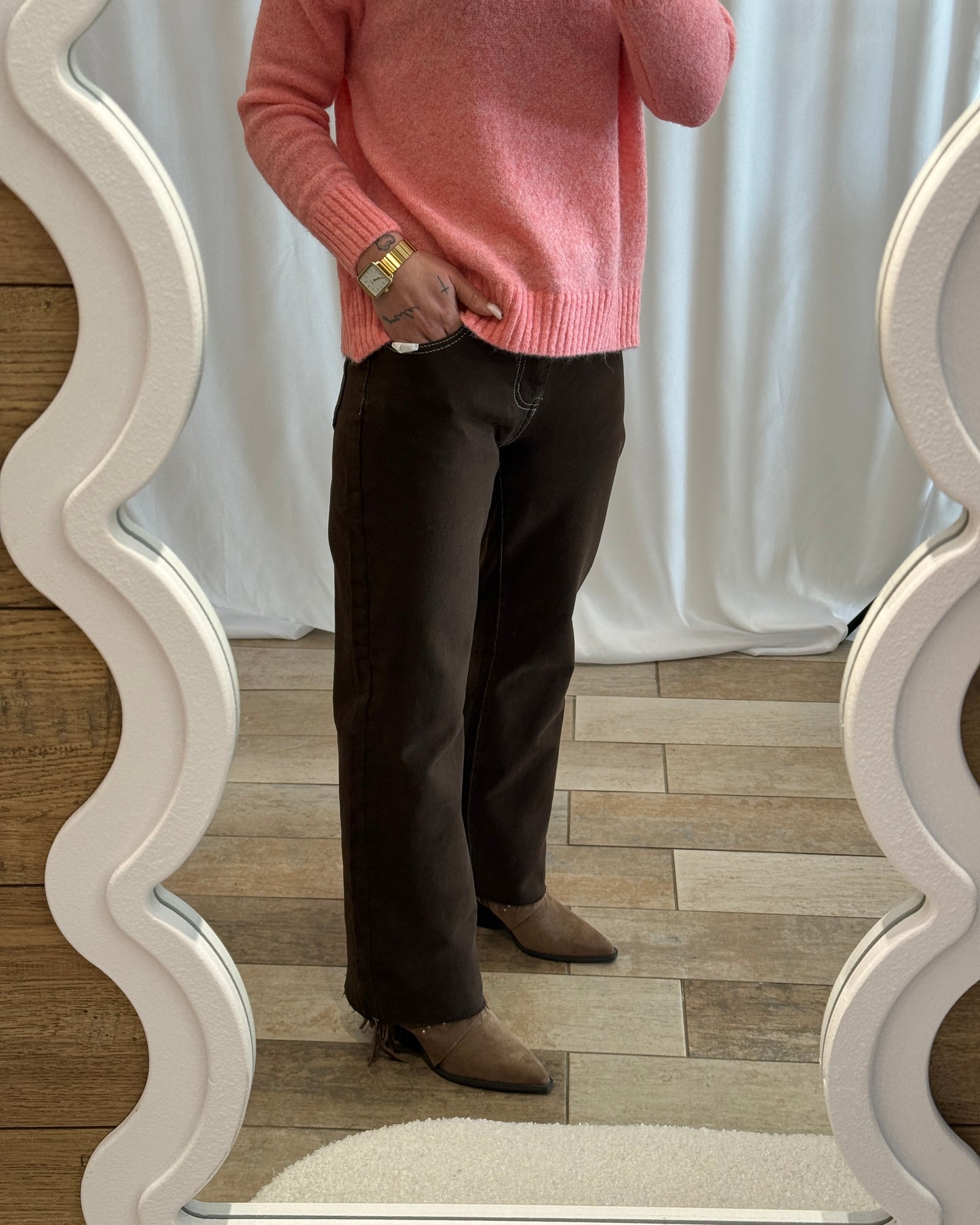 Pantalon Wide Leg Chocolat avec surpiqures beiges - La Maison de Manon