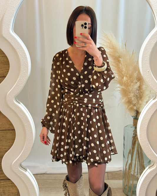 Robe marron à pois fluide manches longues La maison de Manon