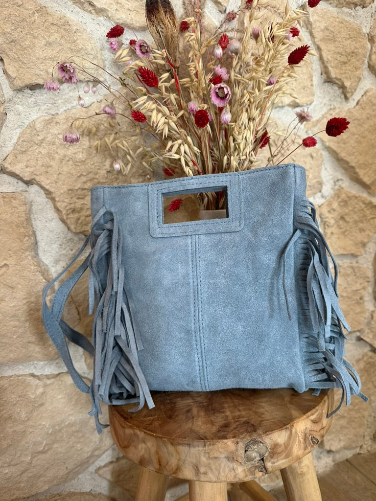 Sac en cuir bleu face à franges