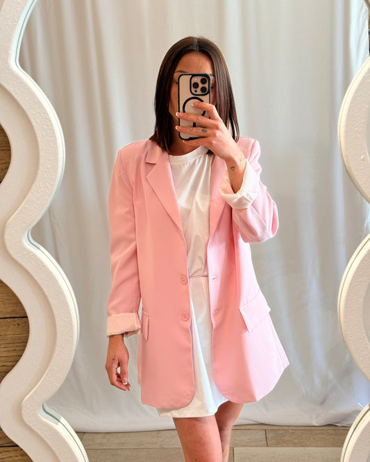 blazer rose oversize femme look robe la maison de manon