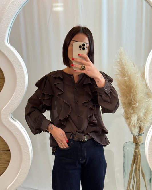 Blouse avec froufrous marron chocolat la maison de manon