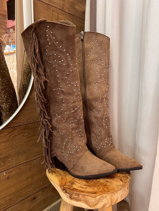 Bottes western femme en suédine taupe avec franges et strass – La Maison de Manon