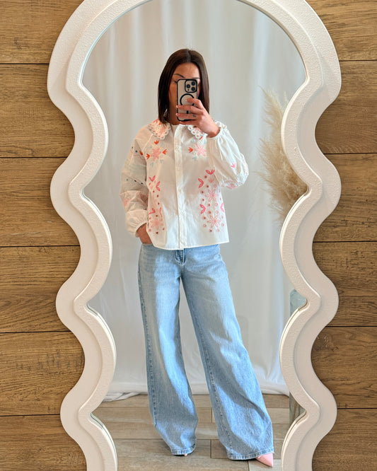 Jean large bleu clair femme taille haute coupe wide leg look tendance