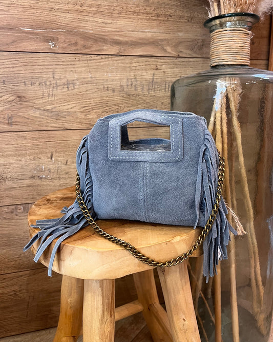 Sac Baby en cuir bleu gris à franges et chaîne dorée – La Maison de Manon