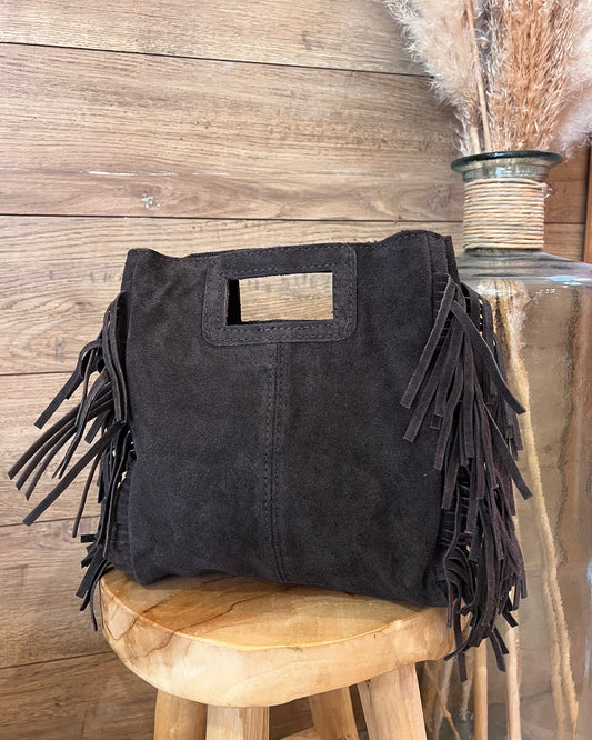 Sac en cuir brun à franges avec bandoulière – La Maison de Manon