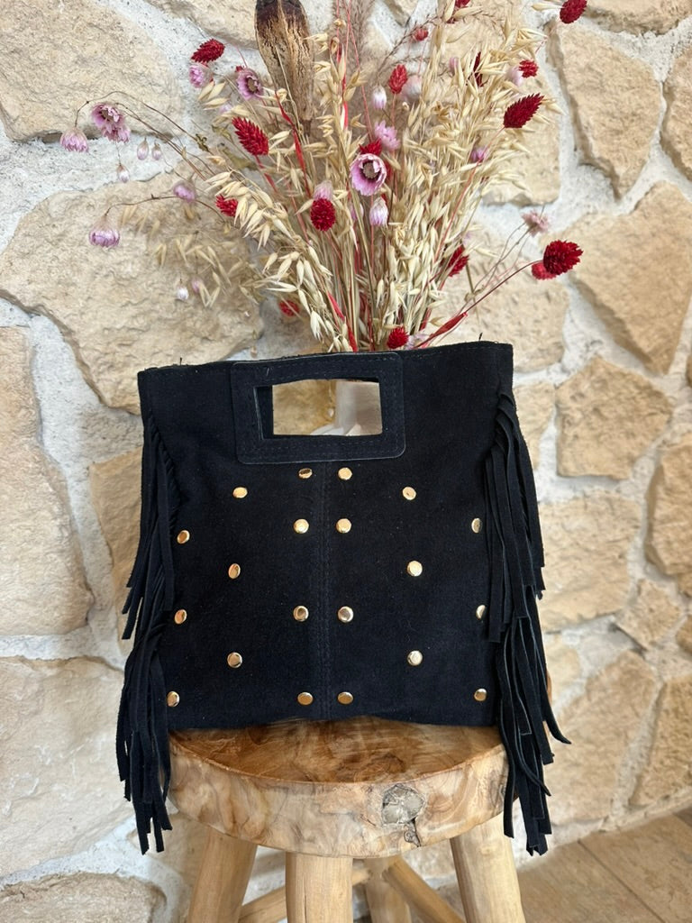 Sac à main noir petit format à franges et rivets dorés