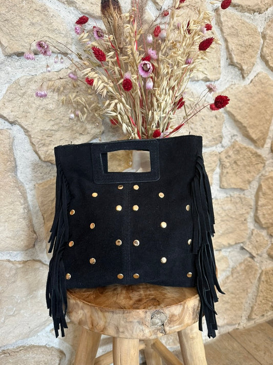 Sac à main noir petit format à franges et rivets dorés