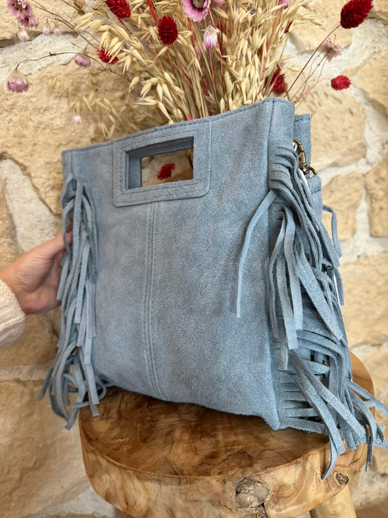 sac en cuir à franges bleu profil